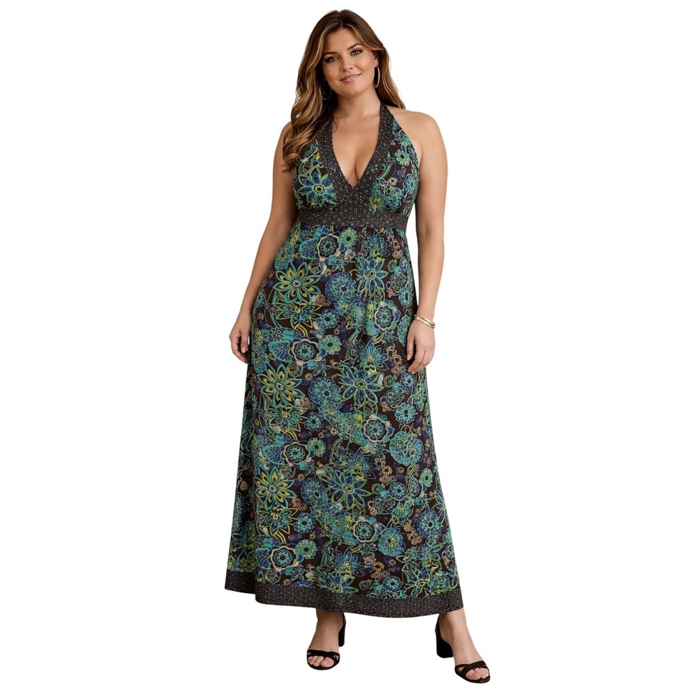 Vtg Womens Brown Blue Floral Beaded Halter Maxi Dress sz L Empire Waist Fairy